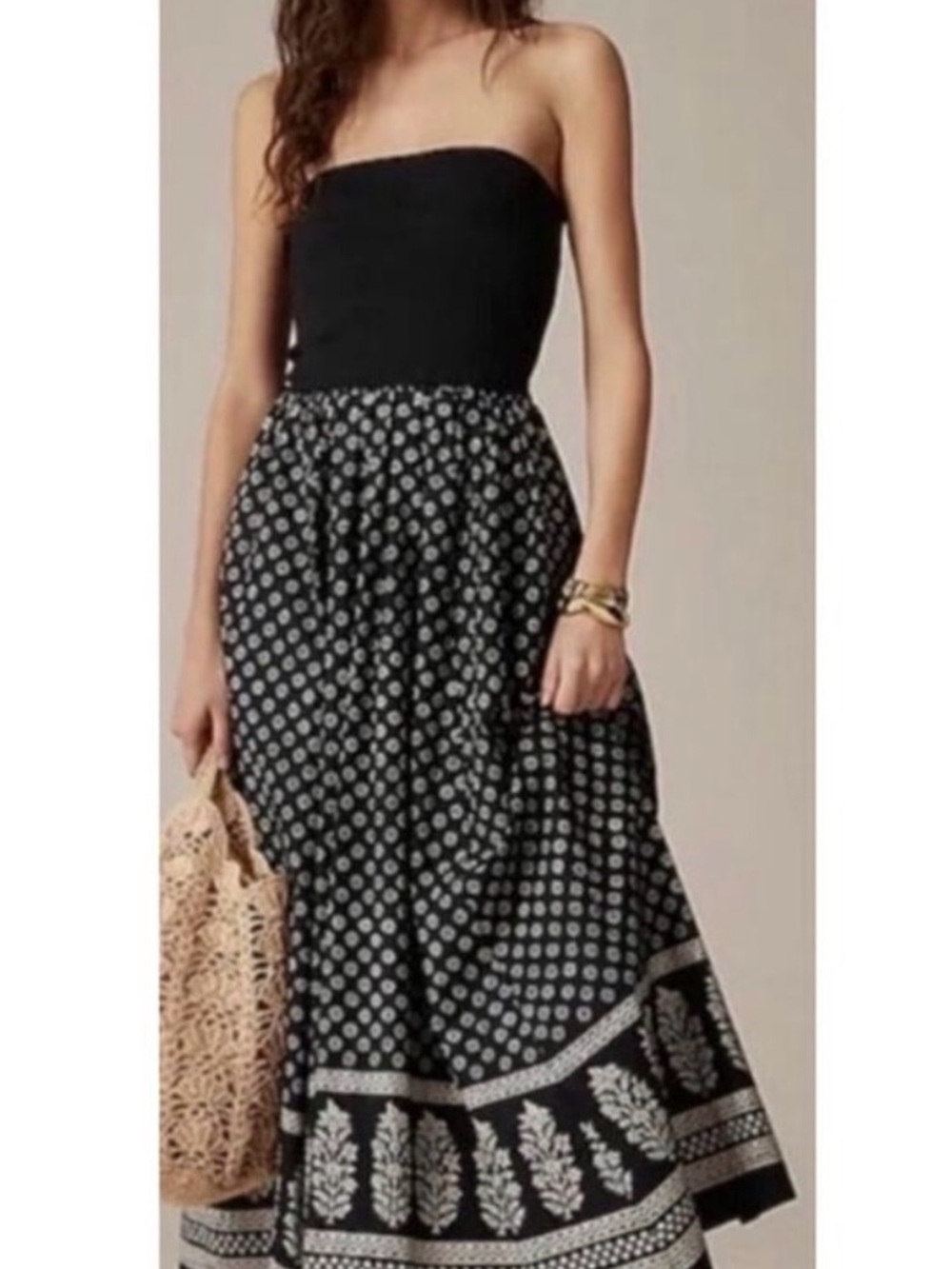 J Crew Factory Black Printed Strapless Dress Boho Style